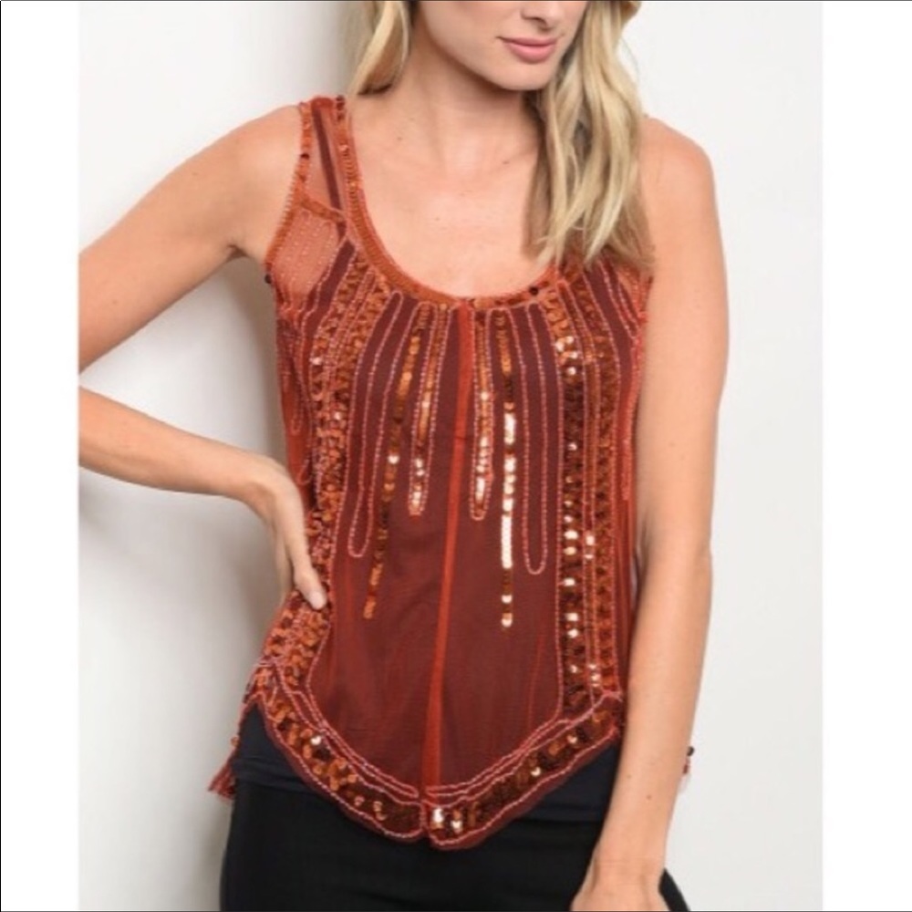 Earth Red Sequin Mesh Tank Top.